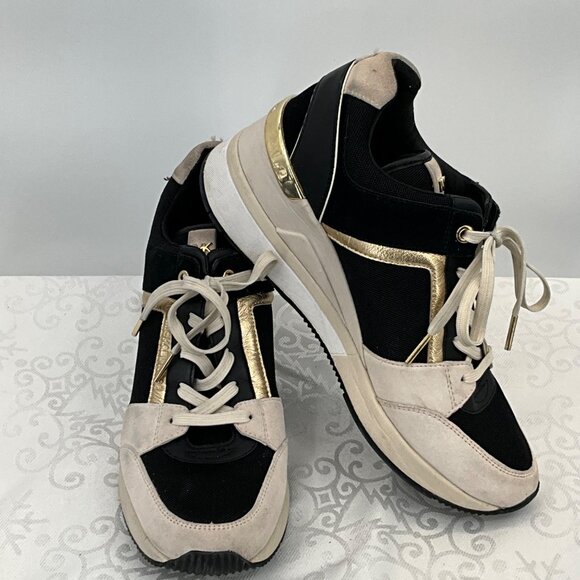 Michael Kors Georgie Women's 9M Lace-Up Sneakers Black Gold & Beige Leather/Text - Picture 1 of 12